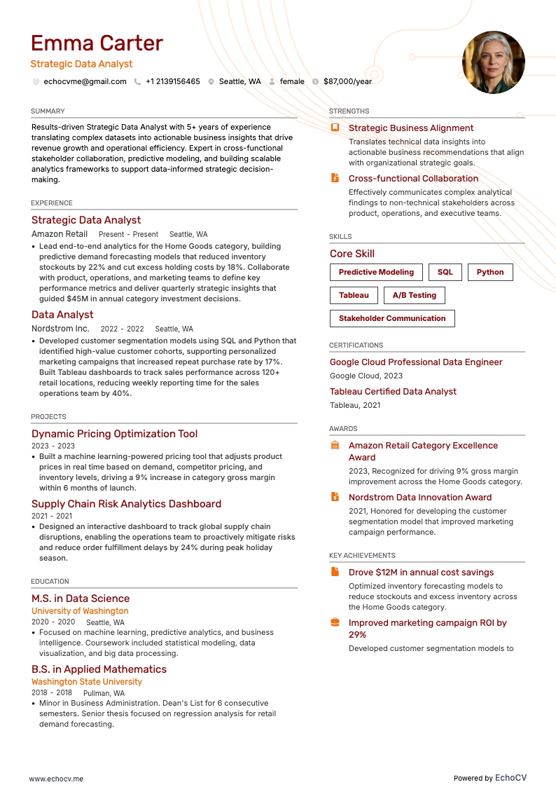 Strategisch data-analist example resume