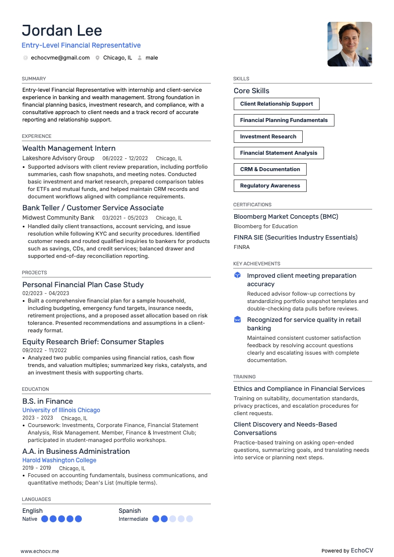 Entry-Level Financial Representative example resume