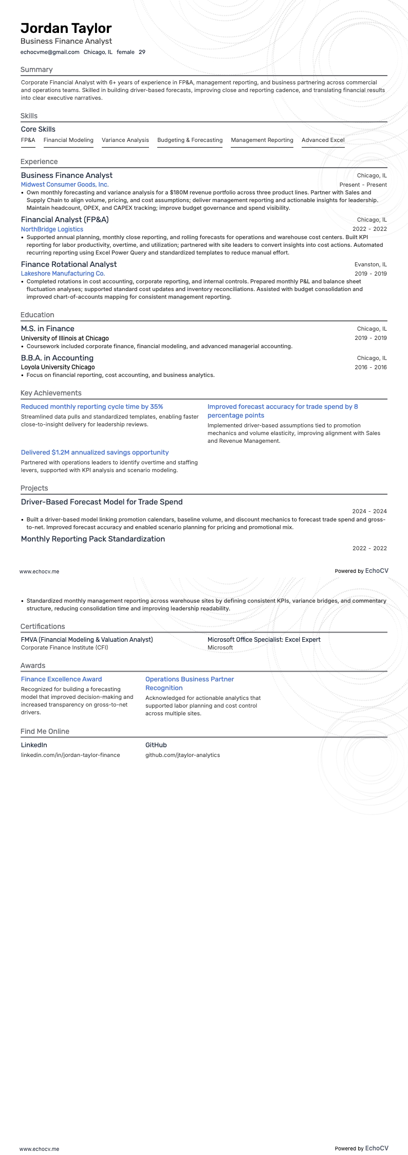 Business Finance Analyst example resume