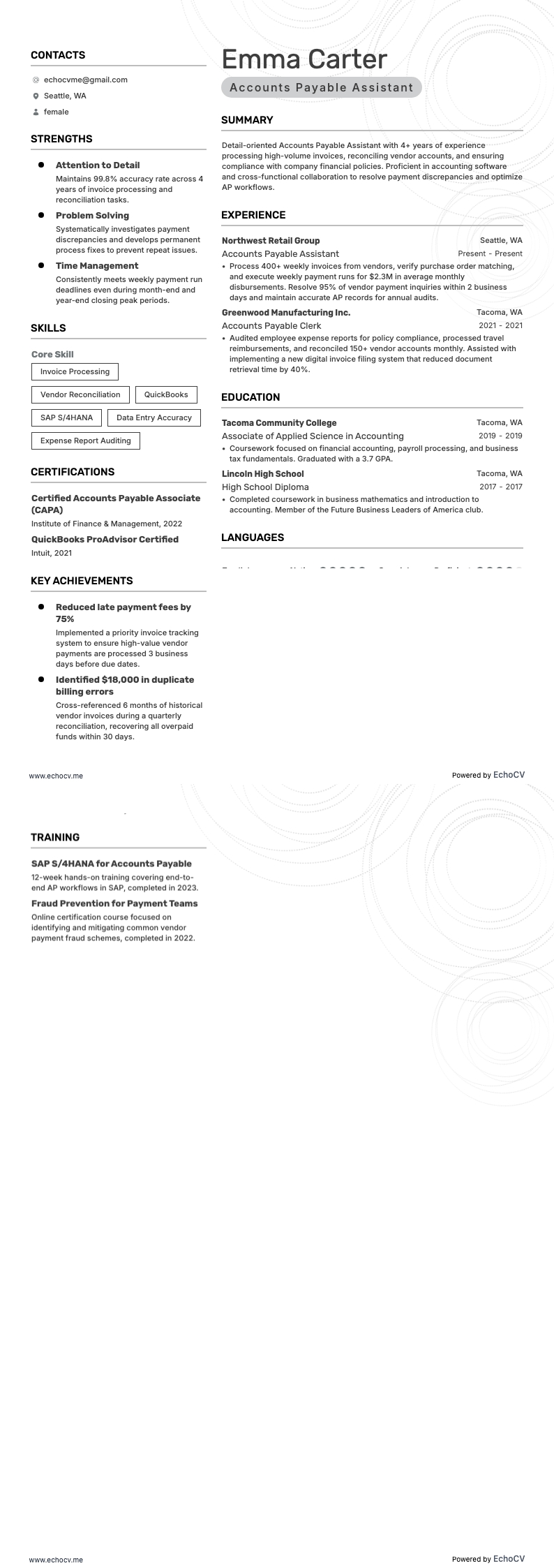 Assistente de contas a pagar example resume