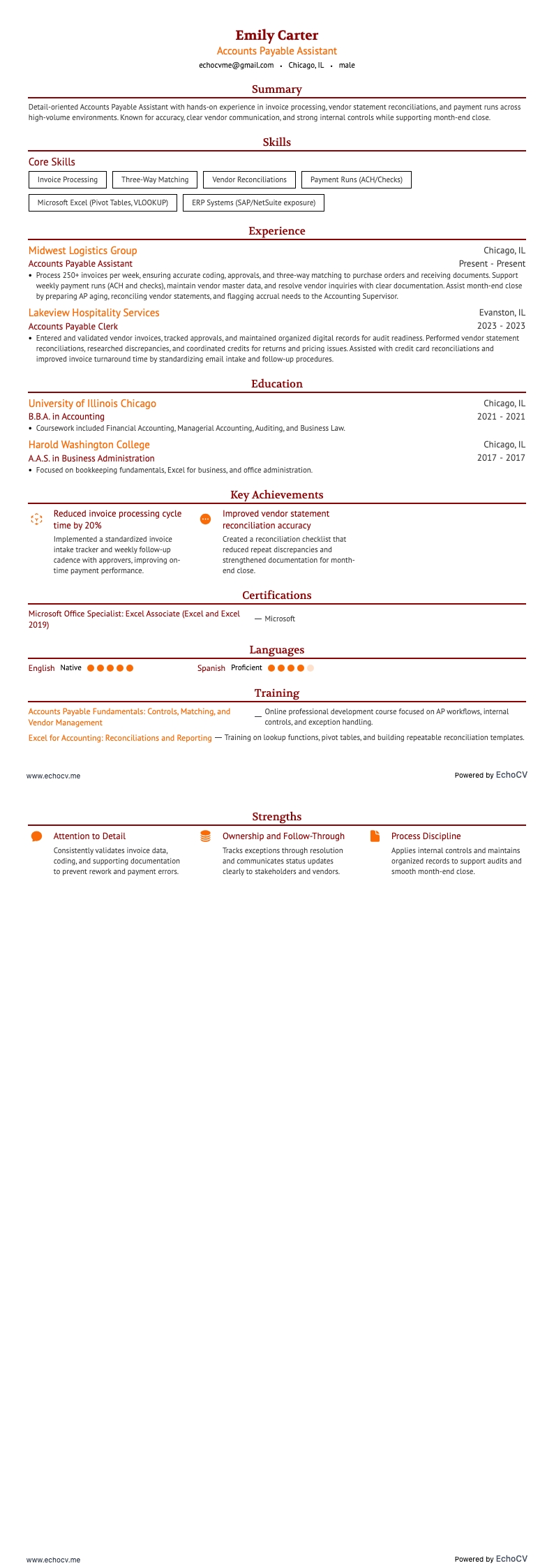 Accounts Payable Assistant example resume