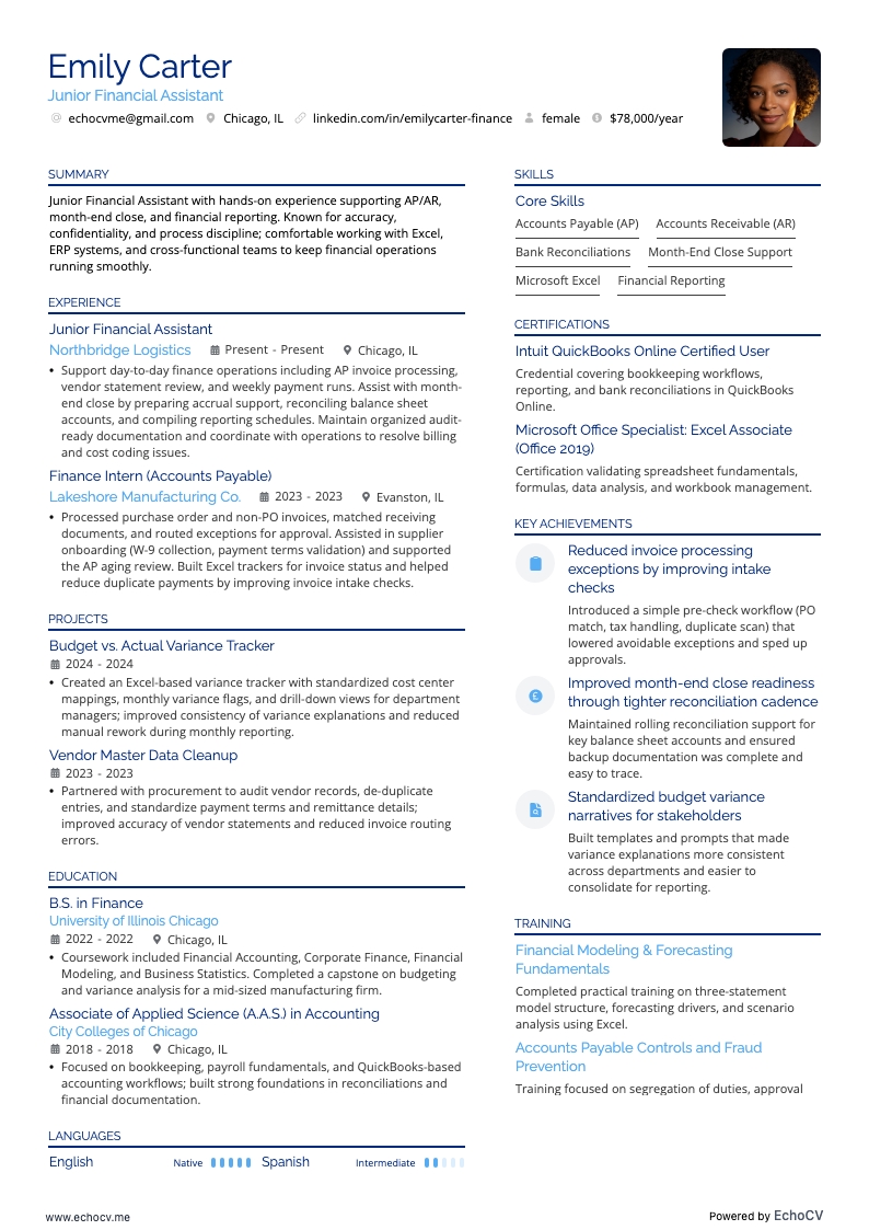 Junior Financial Assistant example resume