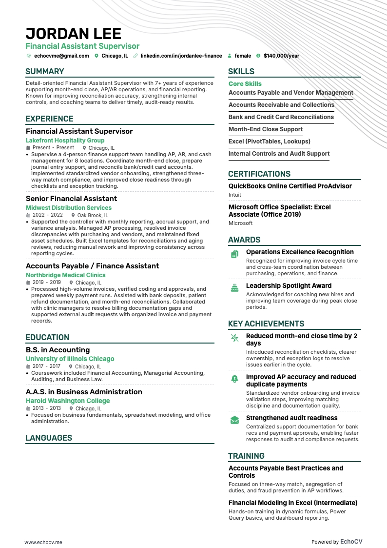 Financial Assistant Supervisor full preview