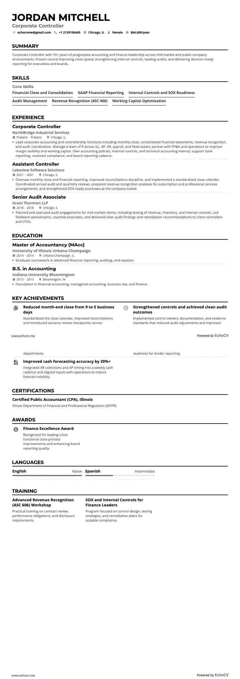 Financial Controller resume example