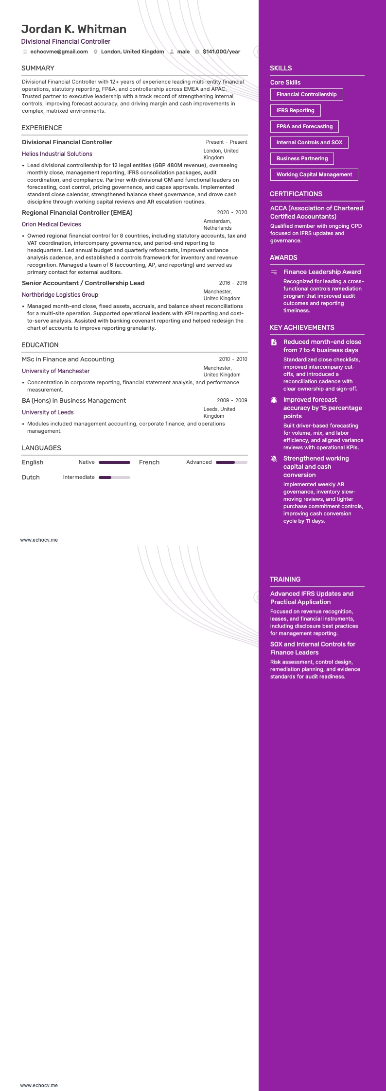 Divisional Financial Controller example resume