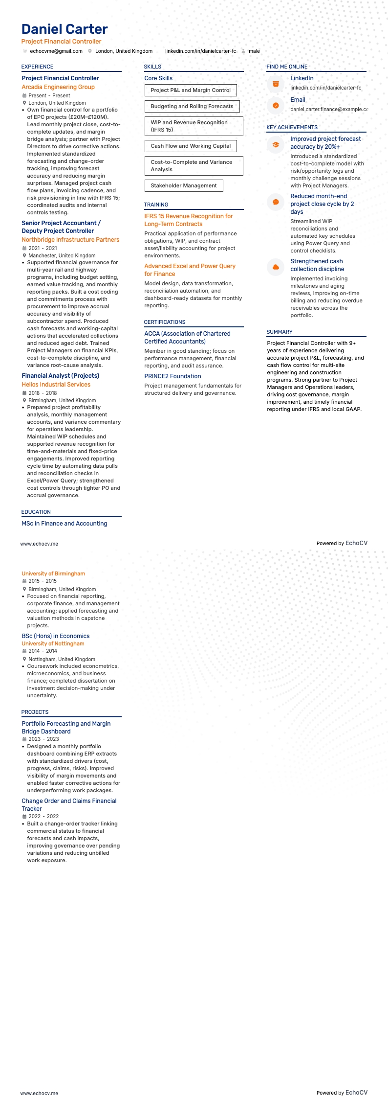 Project Financial Controller example resume