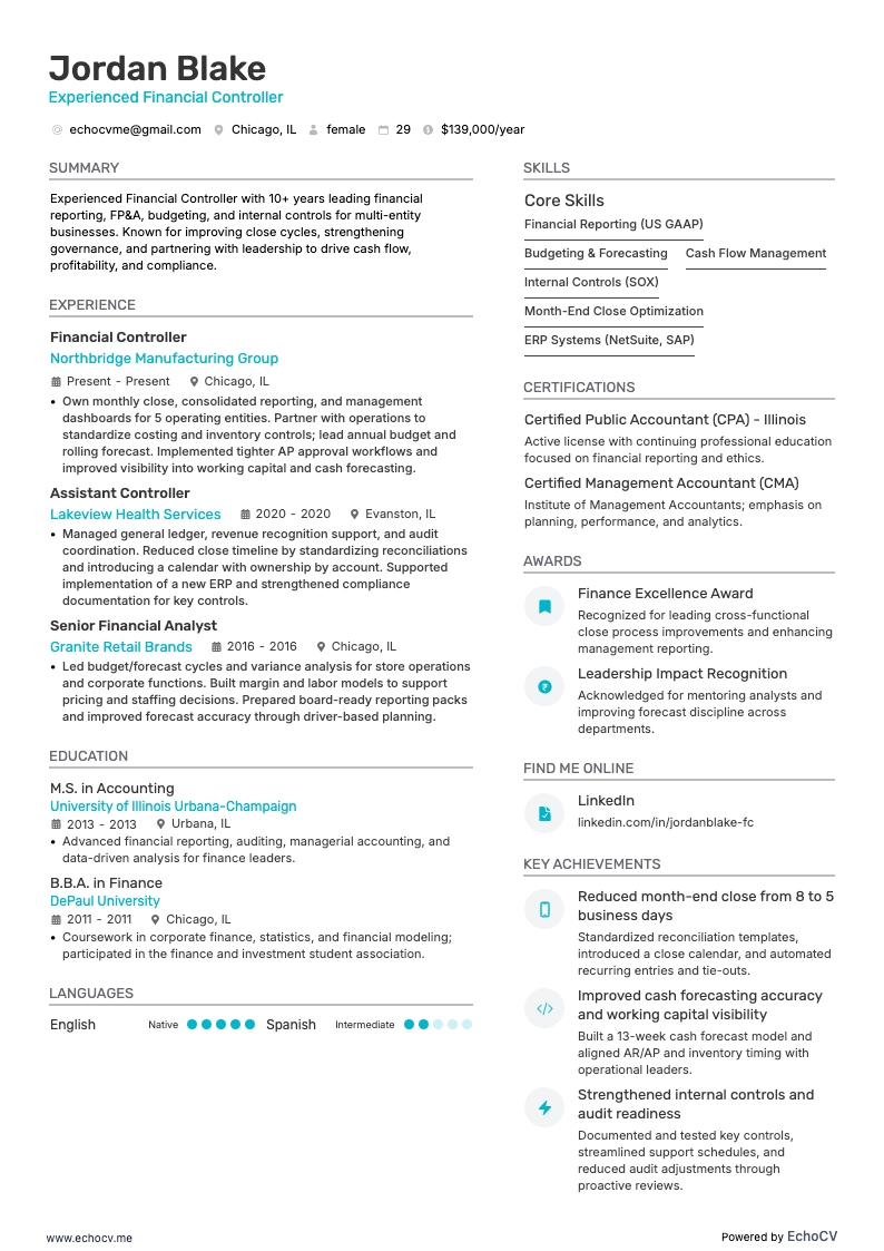 Experienced Financial Controller example resume
