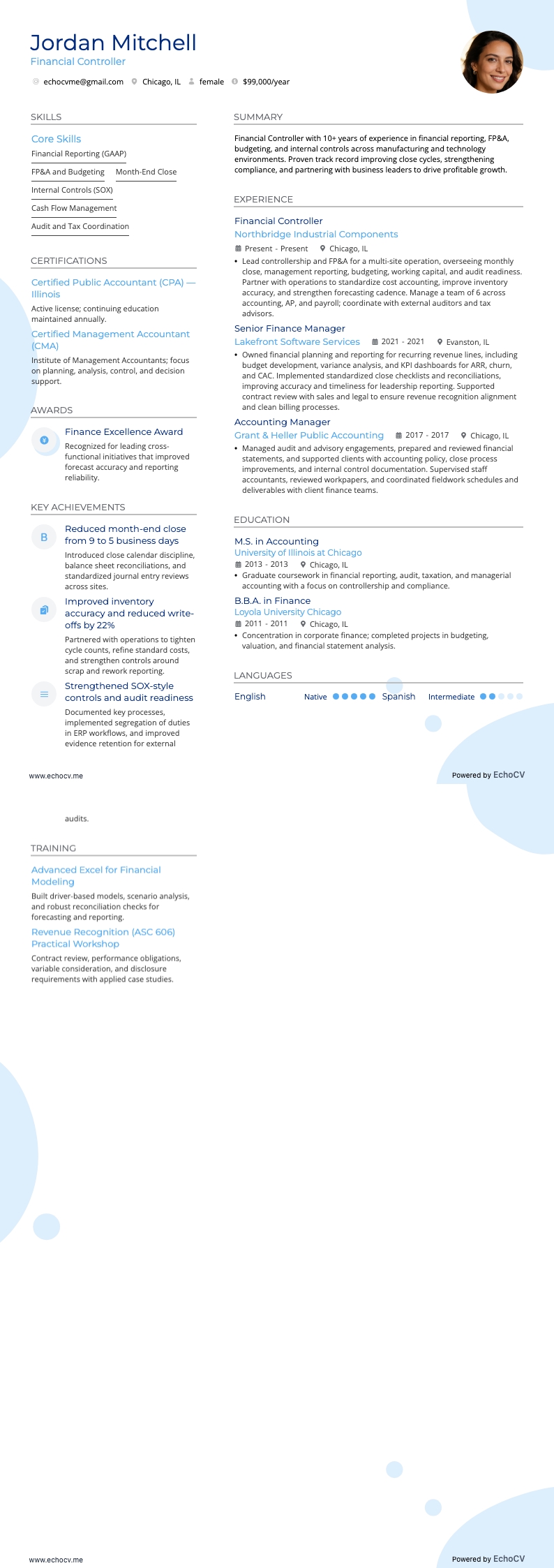 Financial Controller example resume