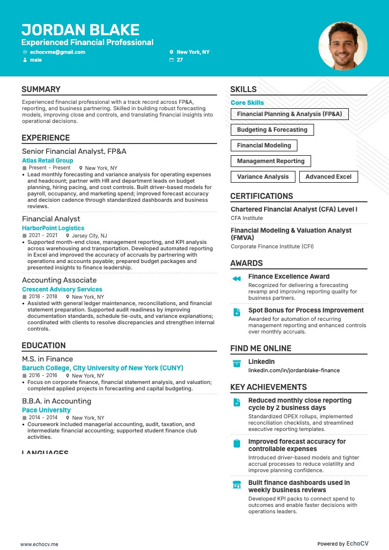 Experienced Financial Professional example resume