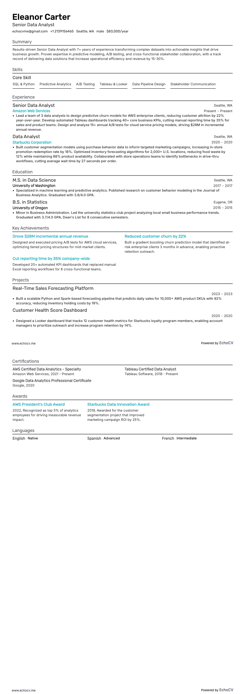 Senior data-analist example resume