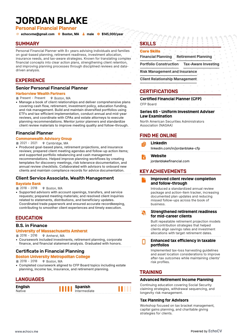 Personal Financial Planner example resume