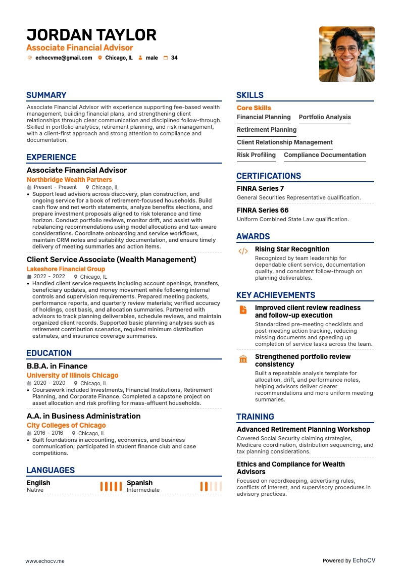 Associate Financial Advisor example resume