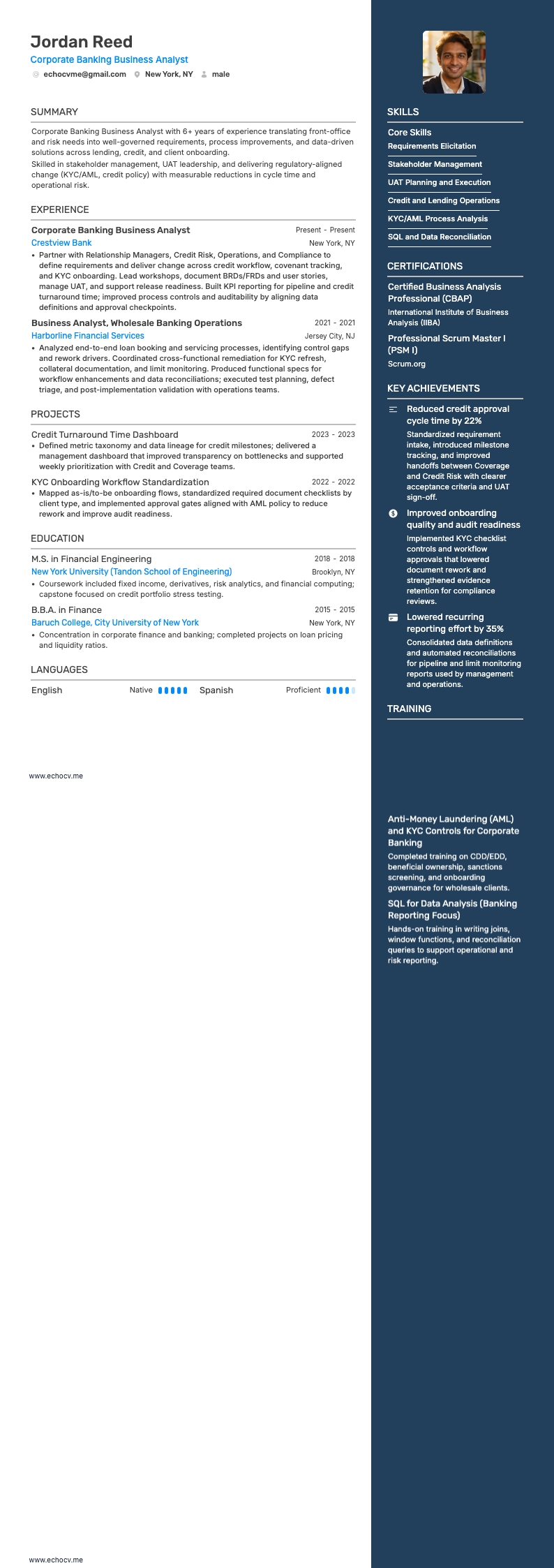 Corporate Banking Business Analyst example resume