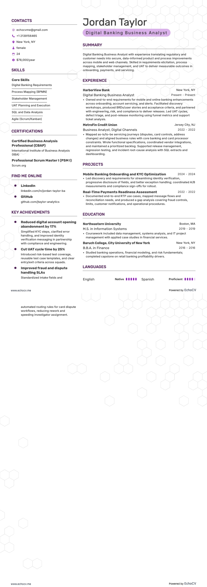 Digital Banking Business Analyst example resume