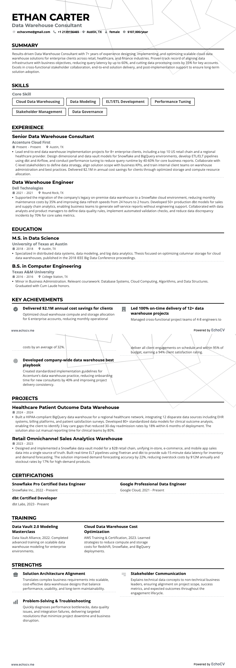 Data Warehouse Consultant example resume