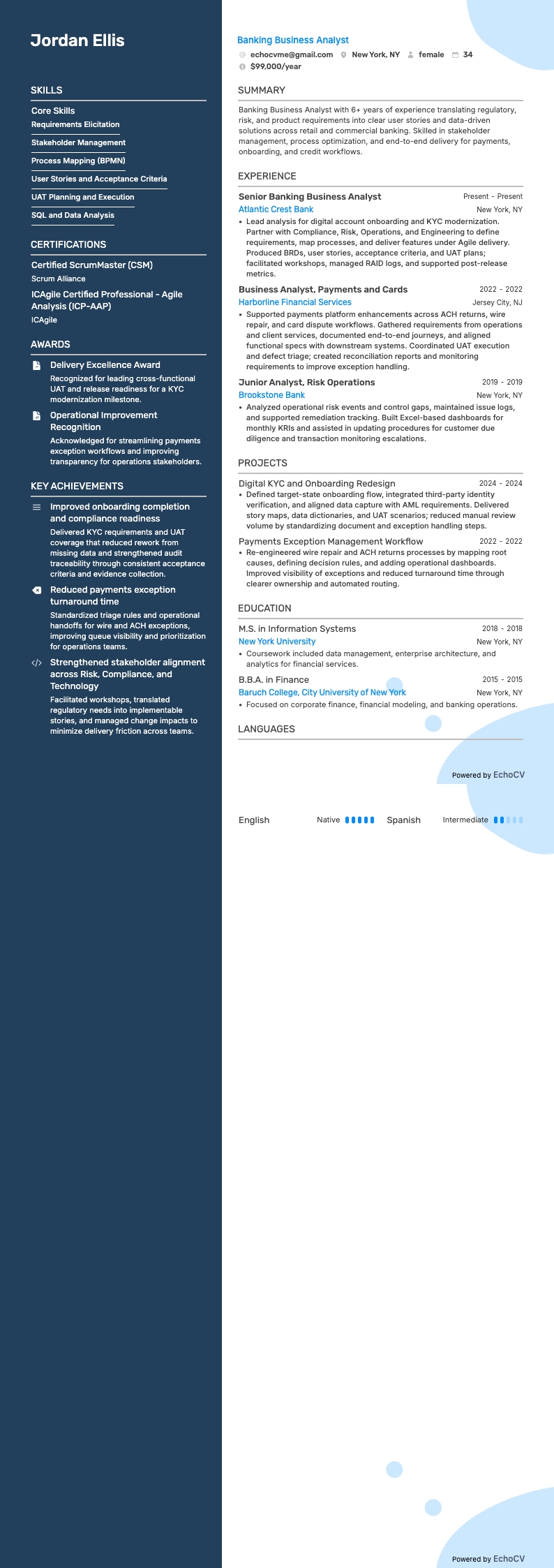 Banking Business Analyst example resume