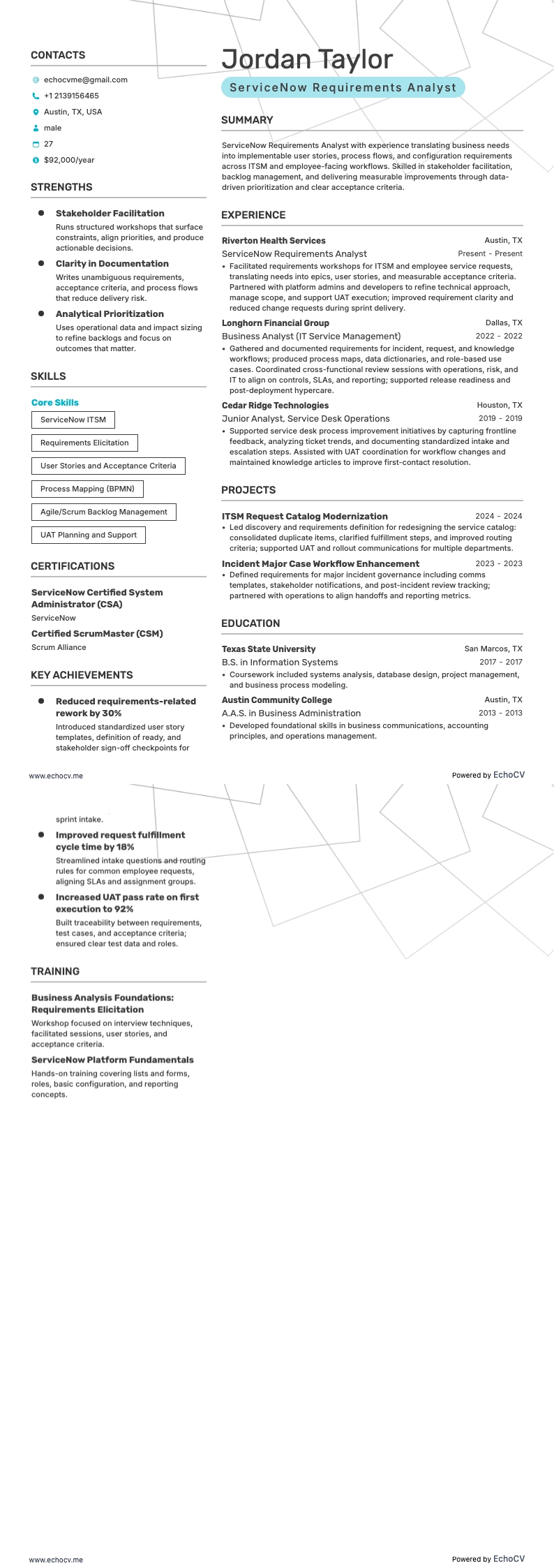 Analista de Requisitos de ServiceNow example resume
