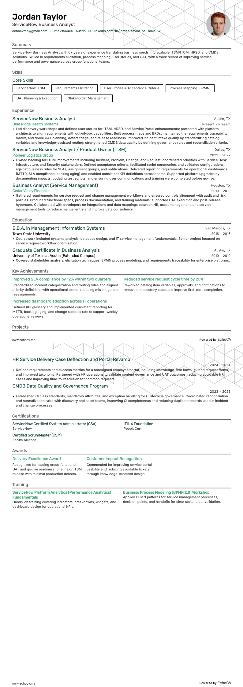 Analista de Negocio de Servicenow resume example