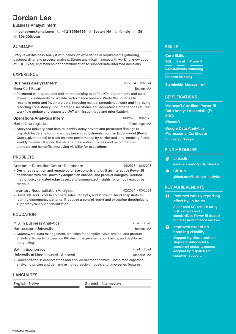 Business Analyst Intern example resume