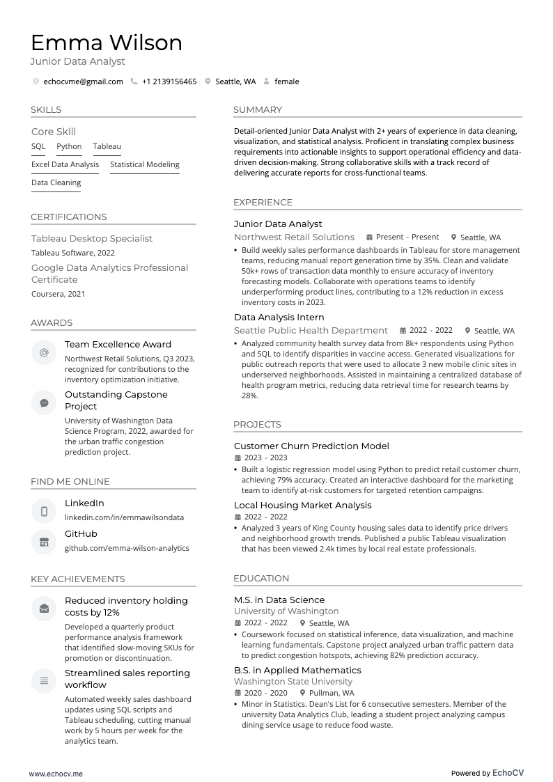 初階資料分析師 example resume
