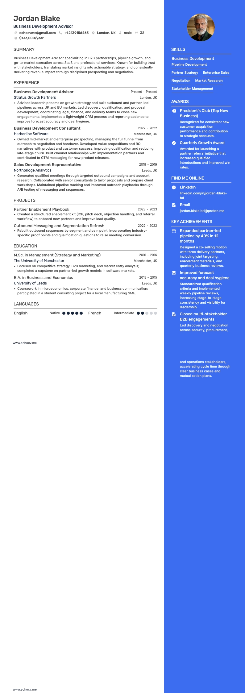 Business Development Advisor example resume