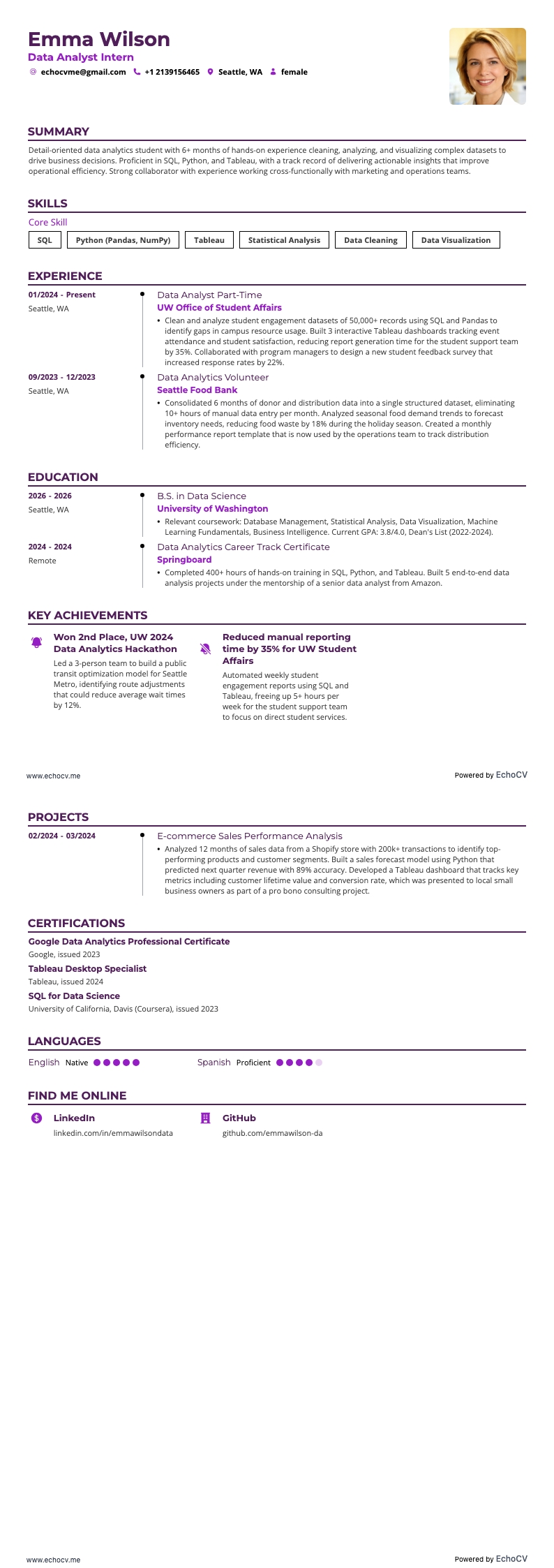 資料分析實習生 example resume