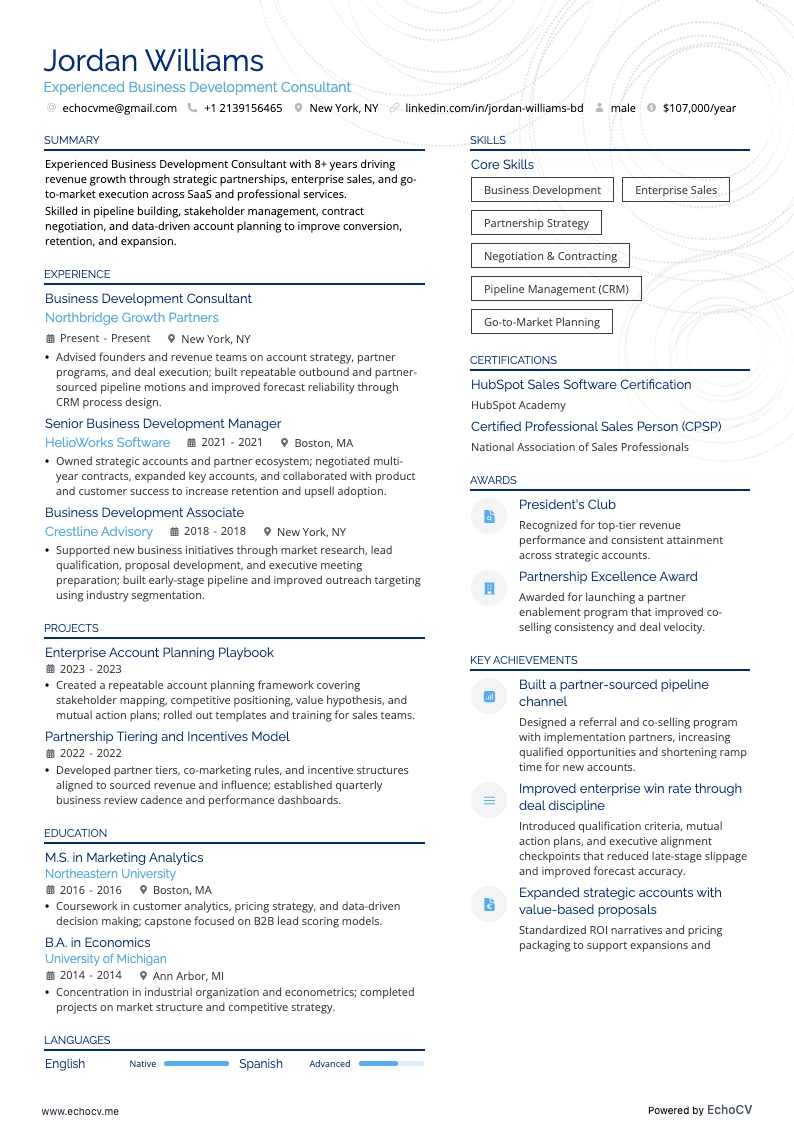 Experienced Business Development Consultant example resume