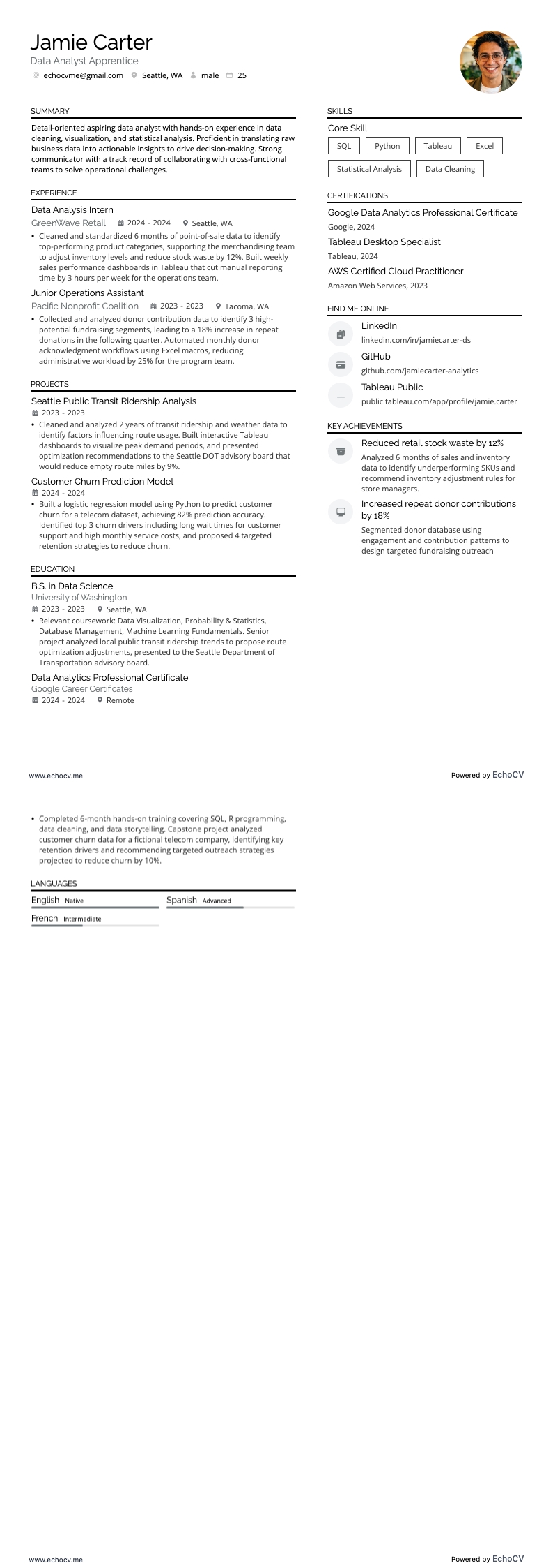 資料分析學徒 example resume
