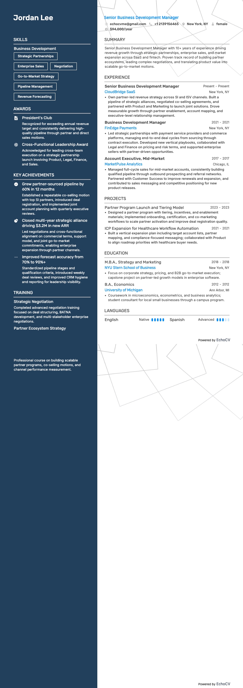 Gerente Sénior de Desenvolvimento de Negócios example resume