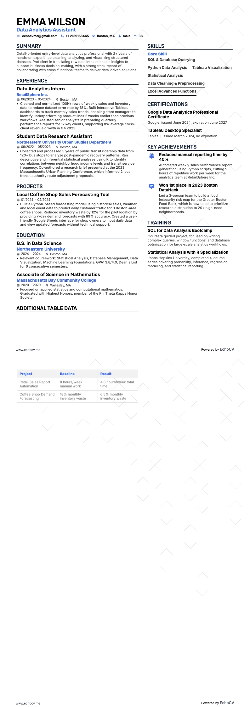 數據分析助理 example resume