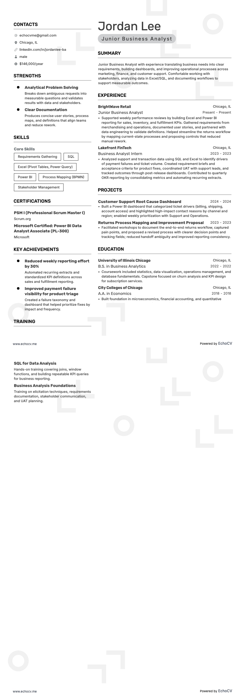 시니어 비즈니스 애널리스트 resume example