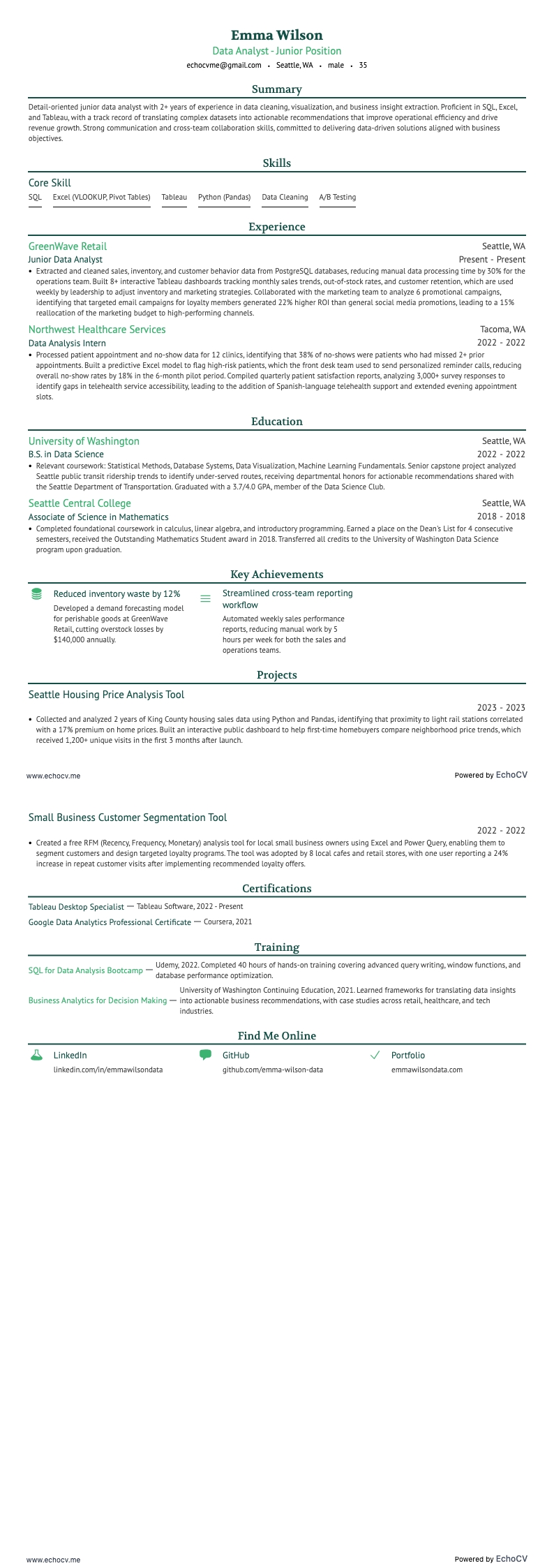 資料分析師－初級職位 example resume