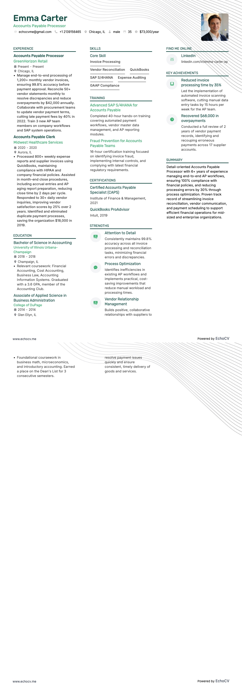 Processador de contas a pagar example resume