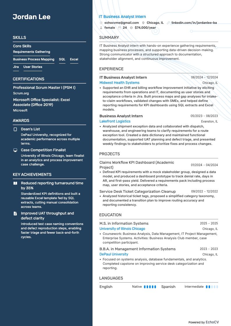 Stagista Analista di Business IT example resume