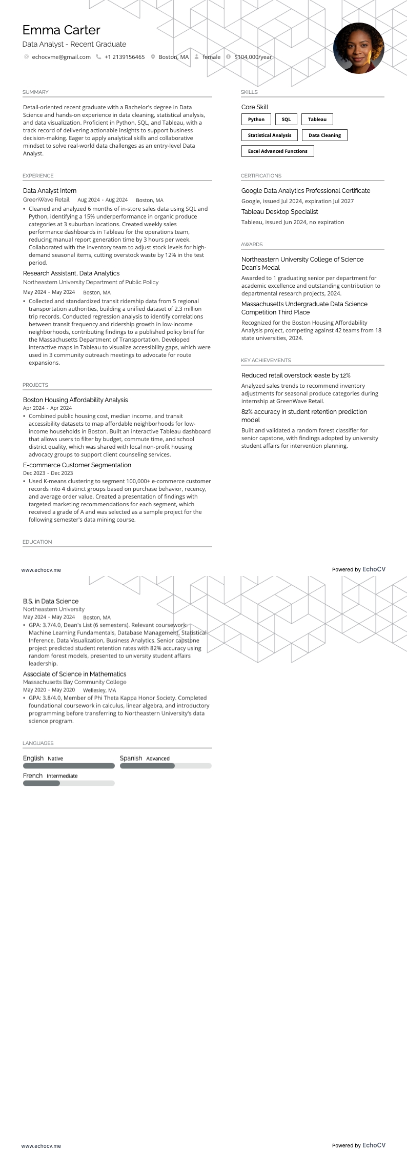資料分析師 - 應屆畢業生 resume example