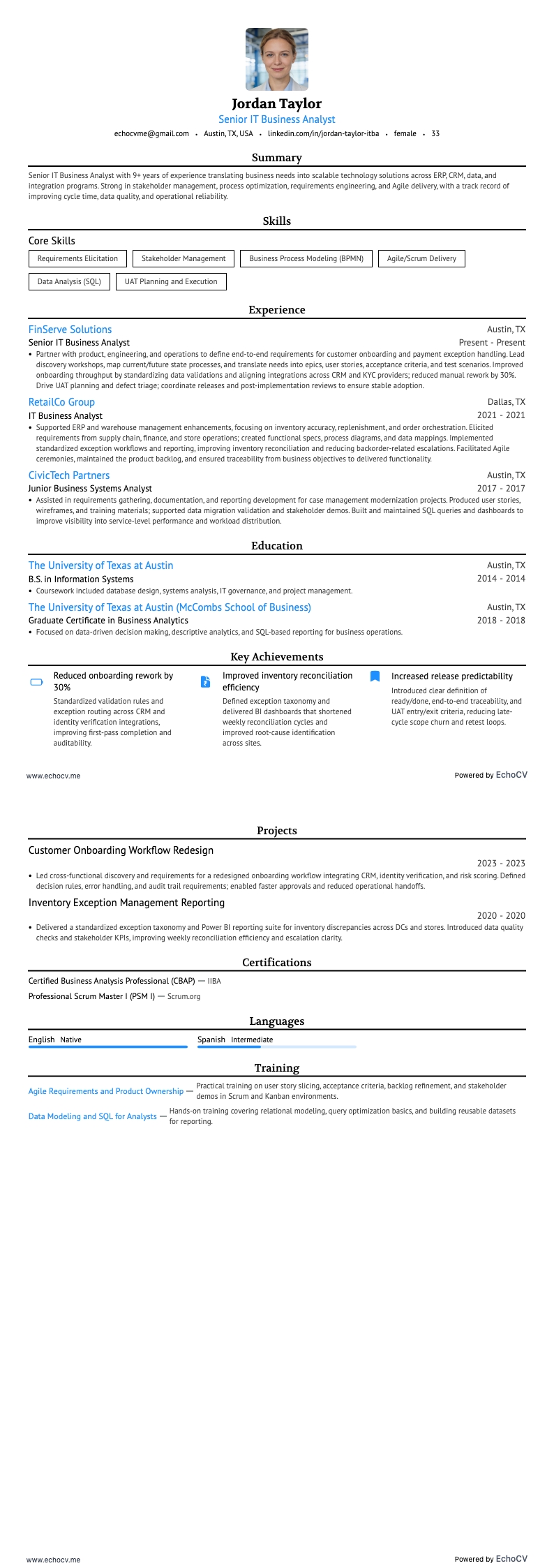 IT业务分析师 resume example