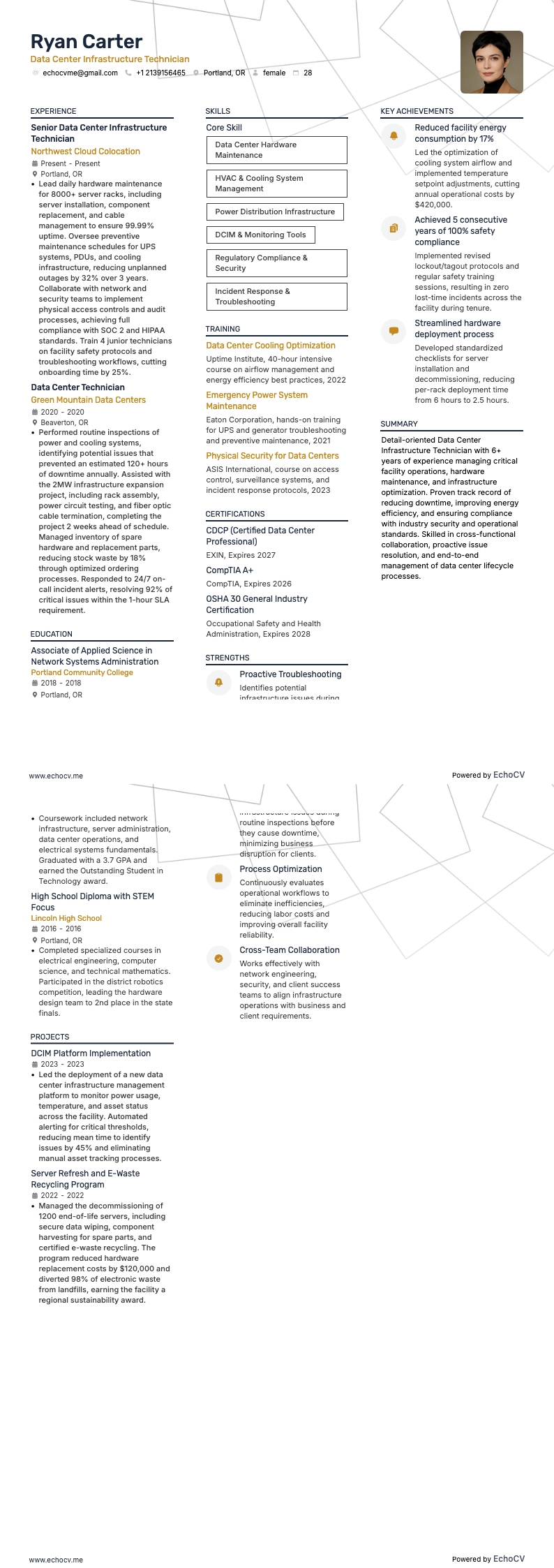 Data Center Infrastructure Technician example resume