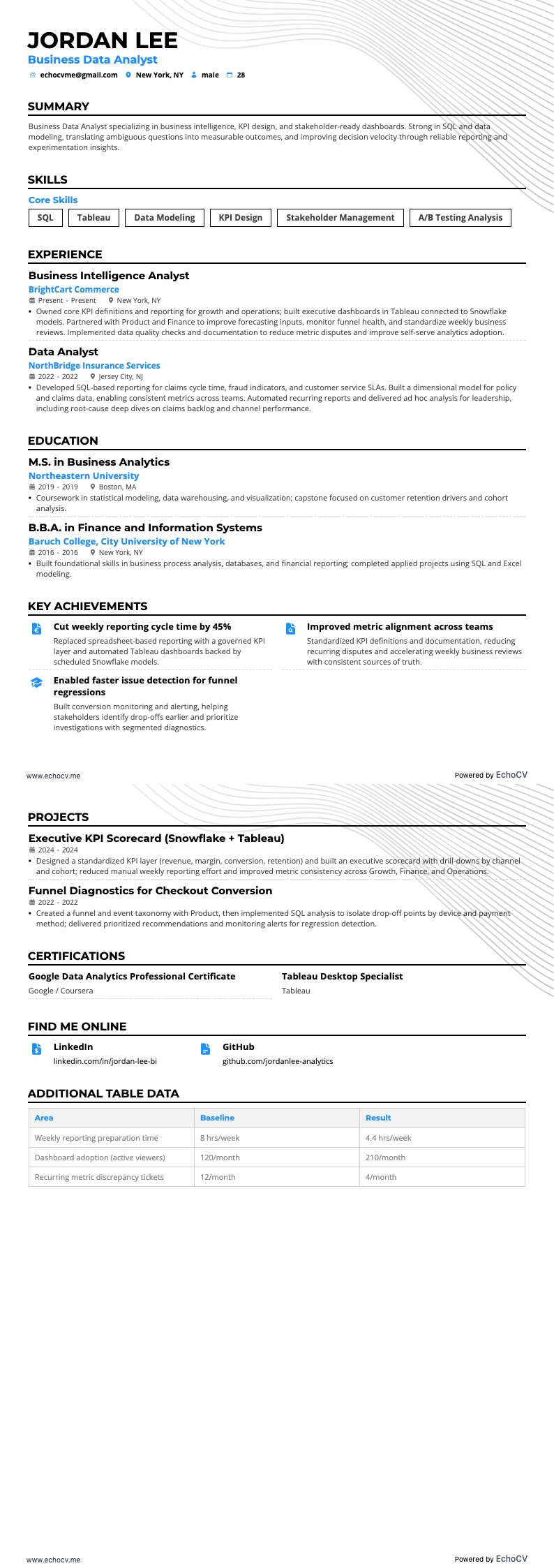 ビジネスデータアナリスト example resume