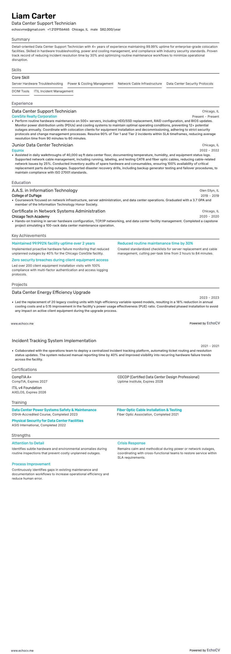 Data Center Support Technician example resume