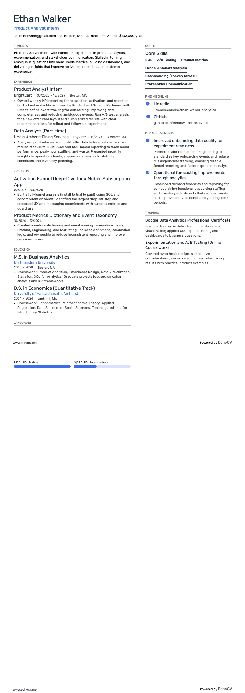 Practicante de Analista de Producto example resume