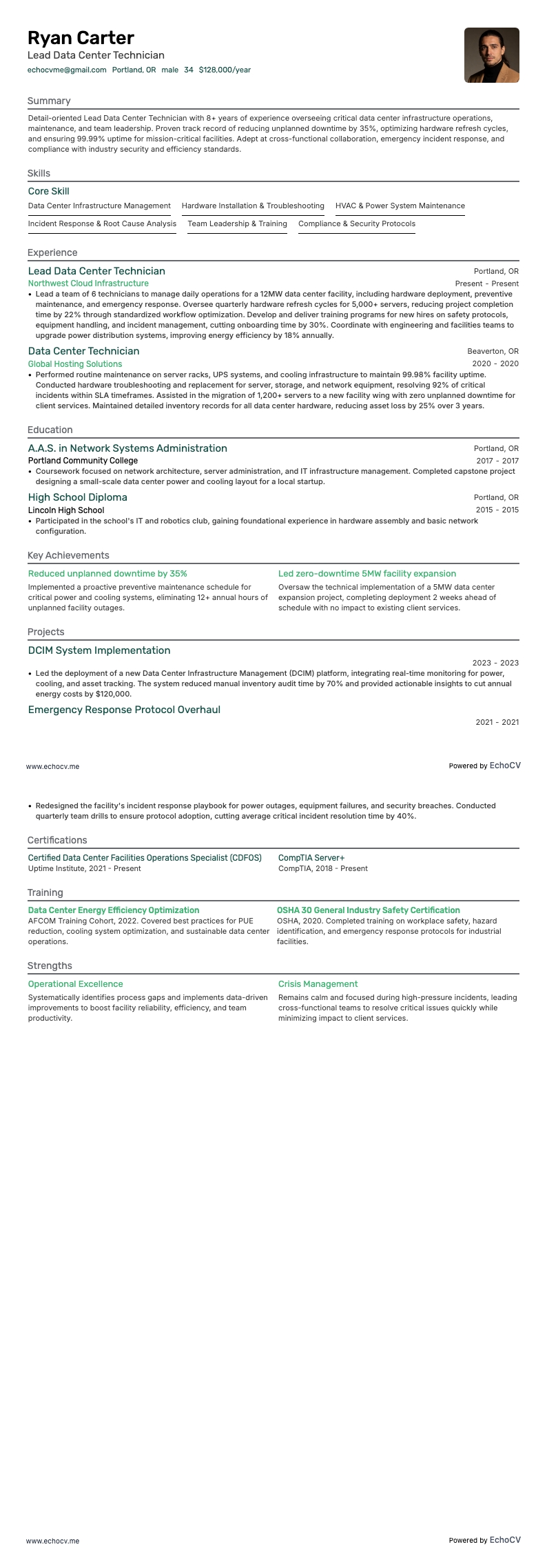 Lead Data Center Technician example resume