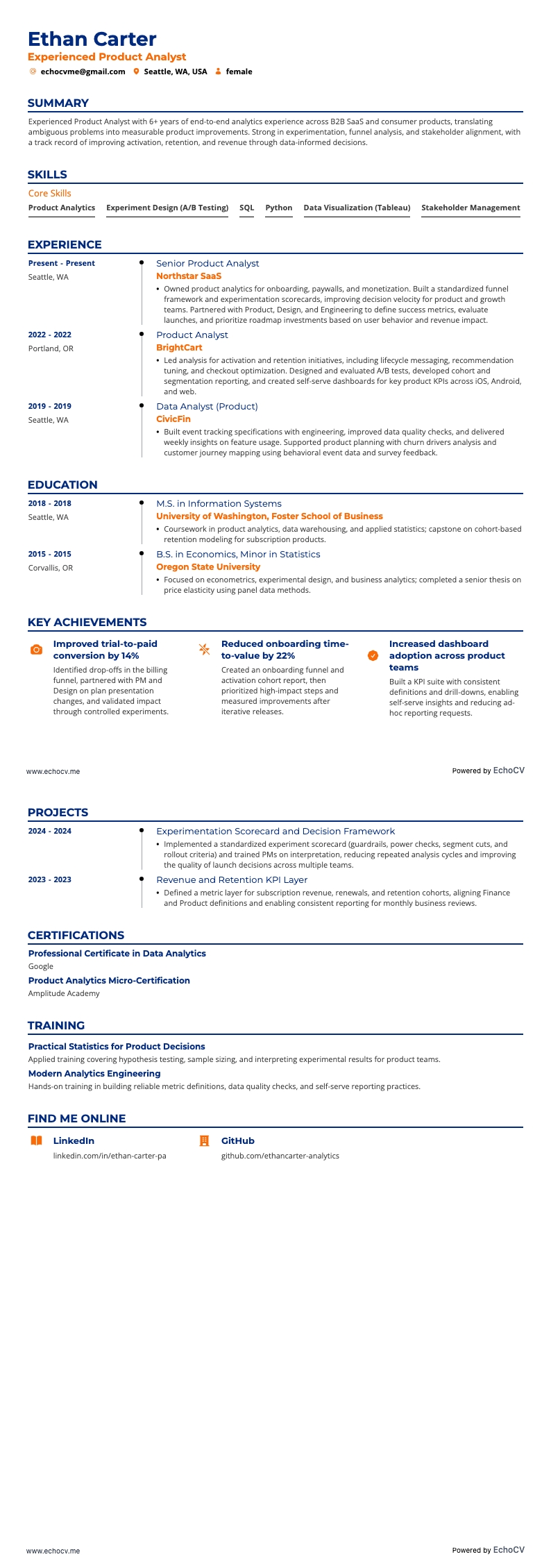 Analista de producto resume example