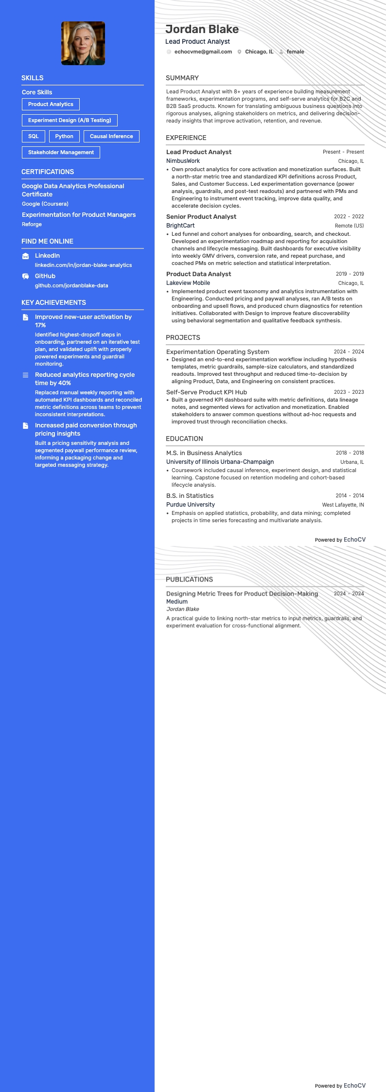 Vista previa completa de Analista principal de producto