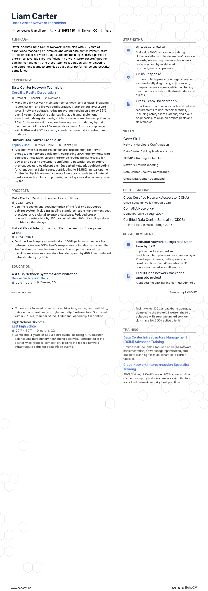 Data Center Network Technician example resume
