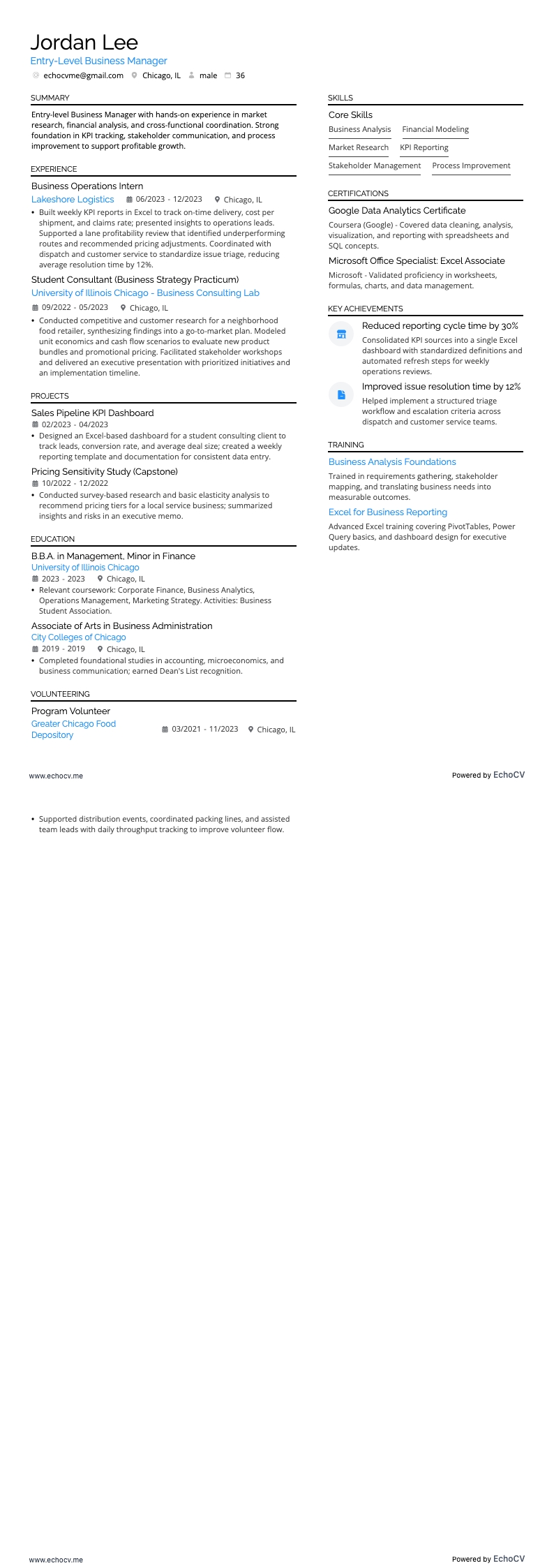 Quản lý Kinh doanh Mới vào nghề example resume