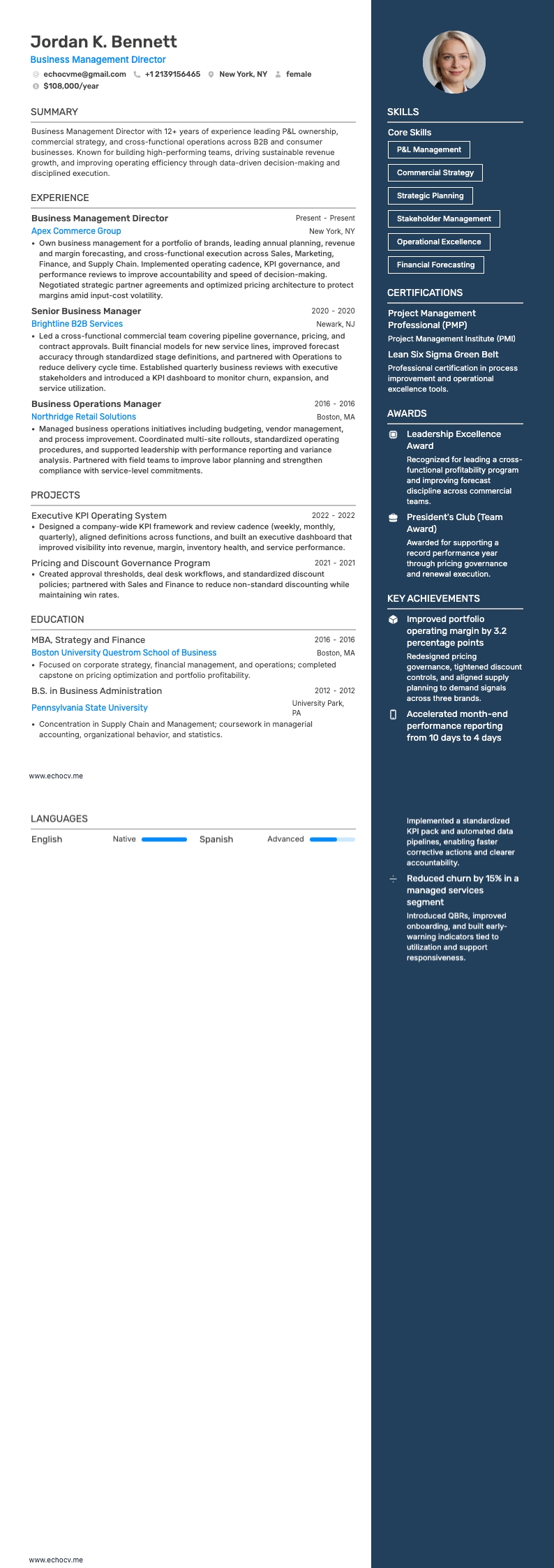 経営管理ディレクター resume example