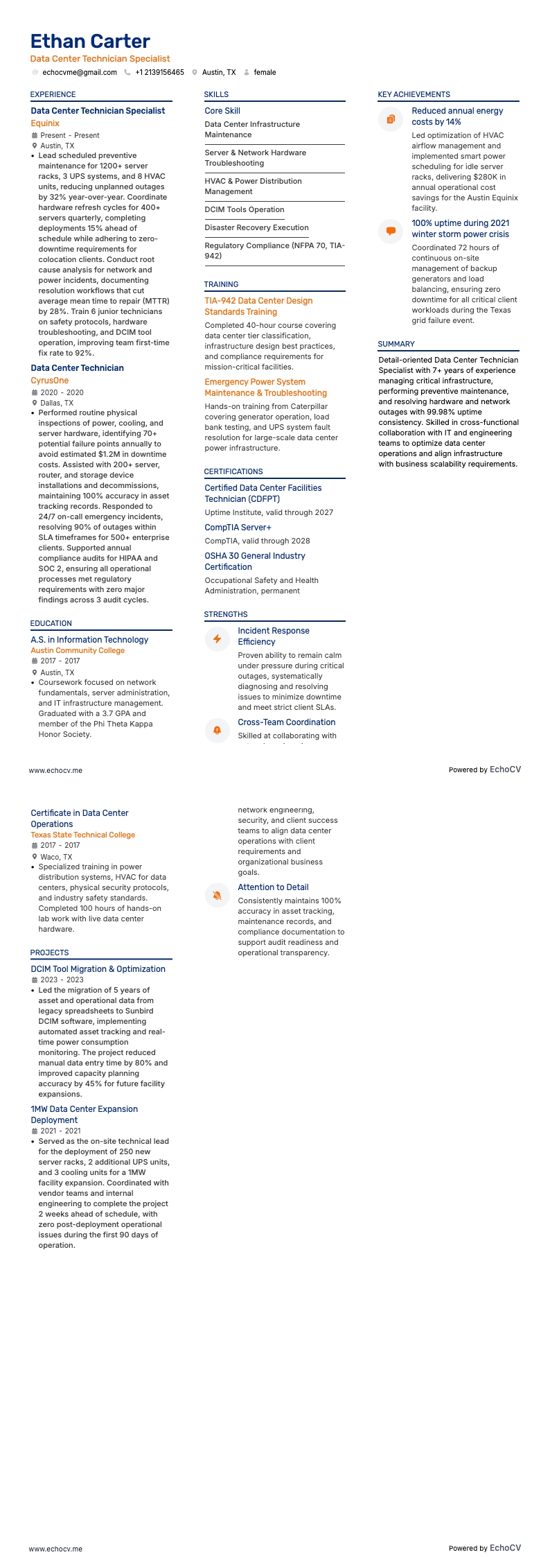 Data Center Technician Specialist example resume