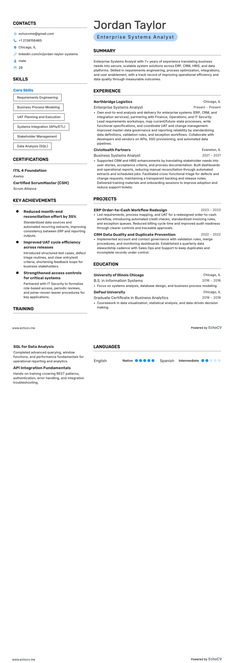 Enterprise Systems Analyst example resume