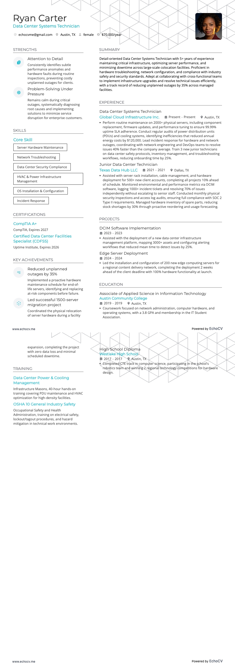 Data Center Systems Technician example resume