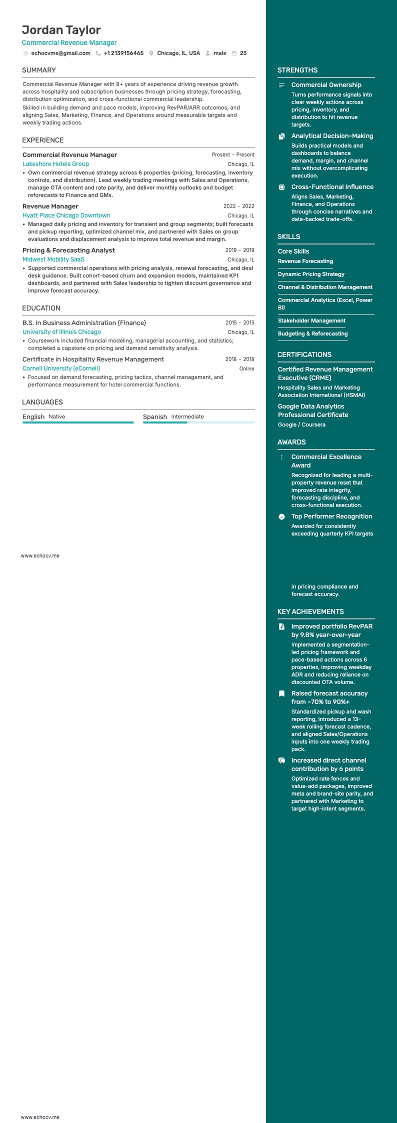 Responsable des revenus commerciaux example resume